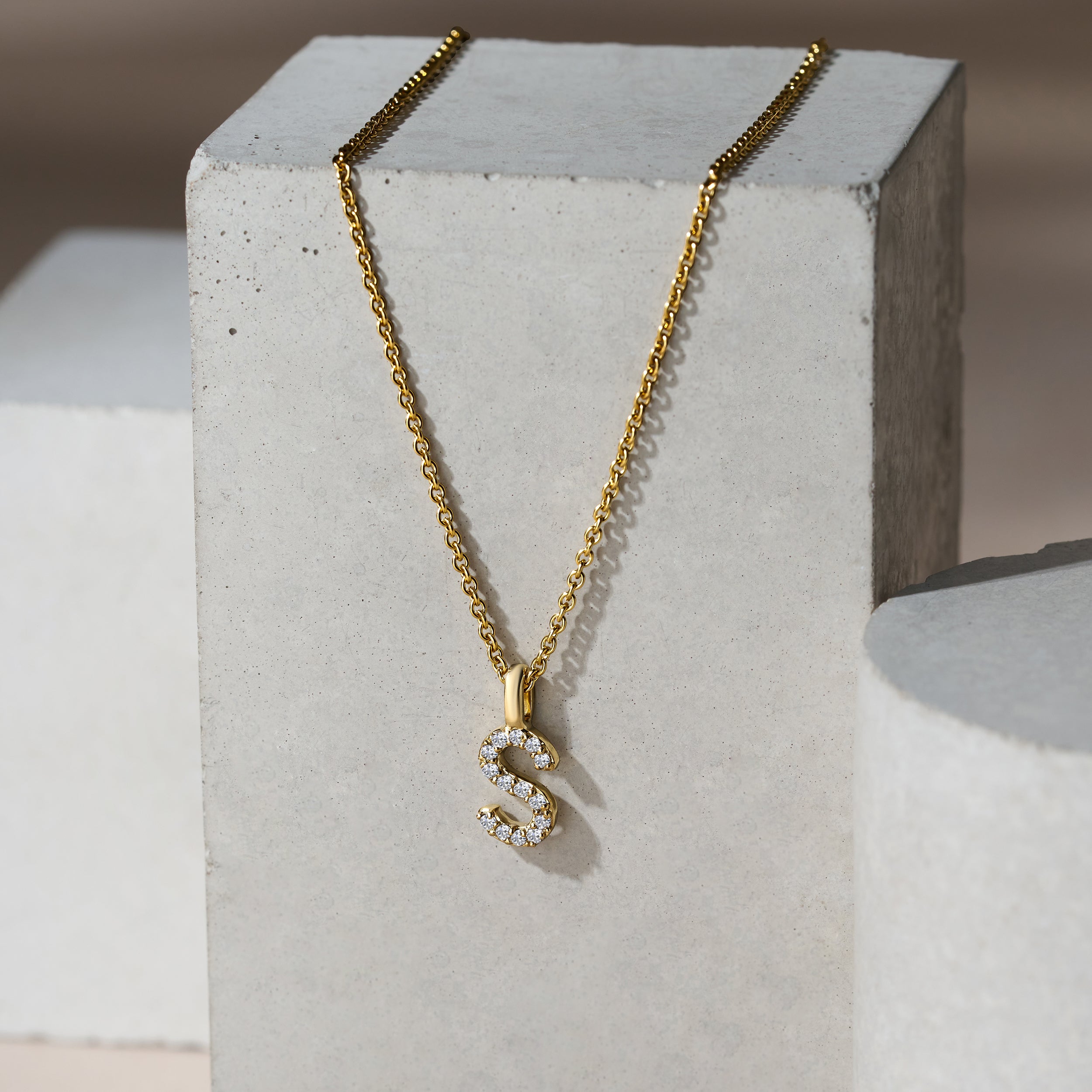 Love Letter Initial S Lab Diamond Necklace set in 9K Yellow Gold